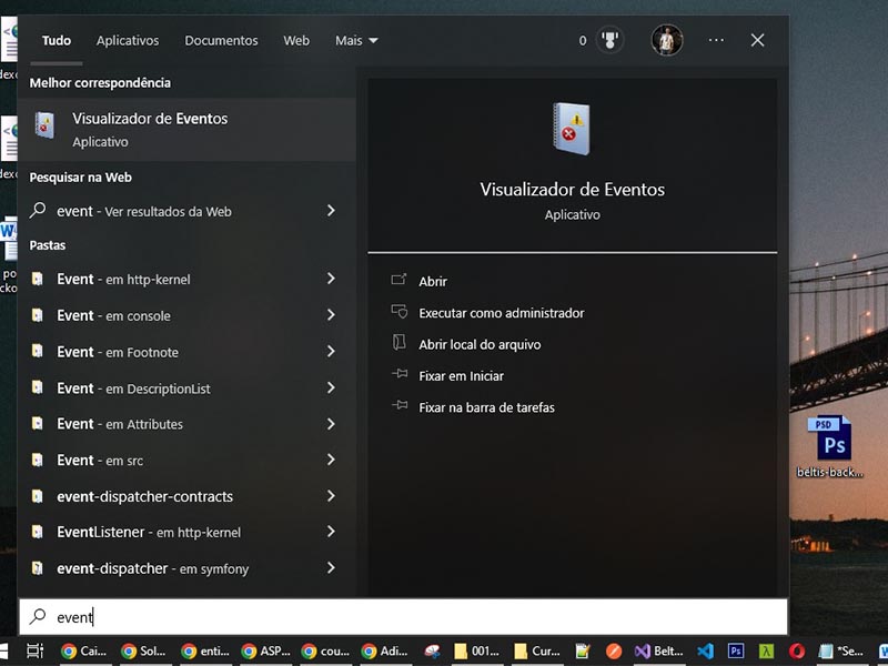 Para encontrar o Visualizador de Eventos, basta digitar somente a palavra "event" que logo aparecerão os resultados, como na imagem acima.