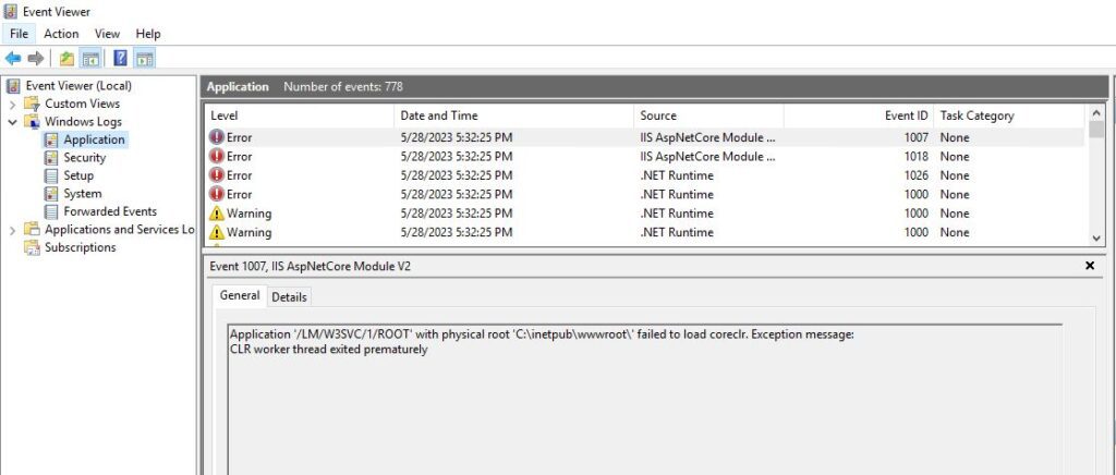 Você consegue dentro do Visualizador de Eventos do Windows perceber os logs vindos das aplicações criadas dentro do IIS.