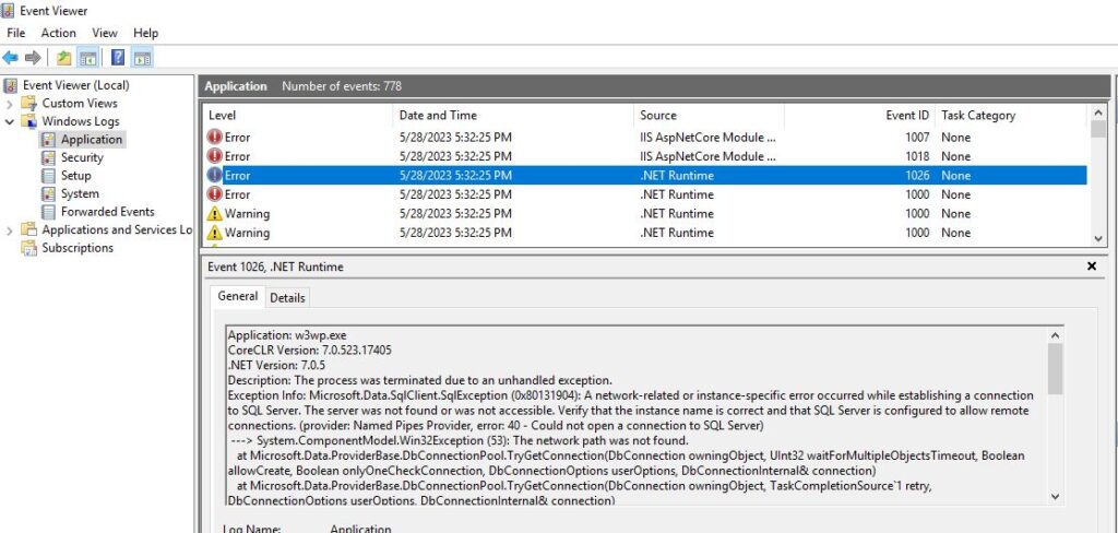 O erro que está sendo apresentado é justamente por um problema na string de conexão (connection string) com o banco de dados.