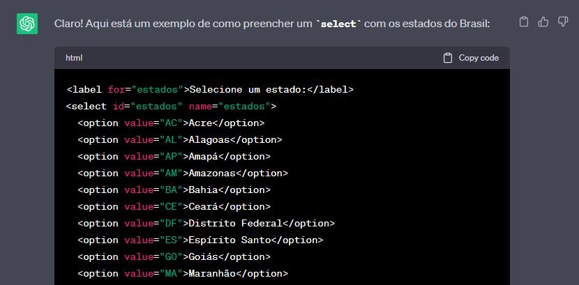 ChatGPT gerando o código para listar os estados brasileiros em um input select